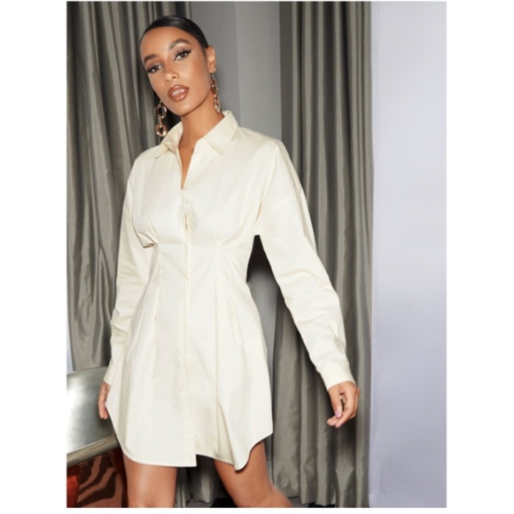 NWOT, Shirt Dress, Button Down, Collar, SMALL, Cream, Pleat Details, 100% Cotton - Picture 2 of 5